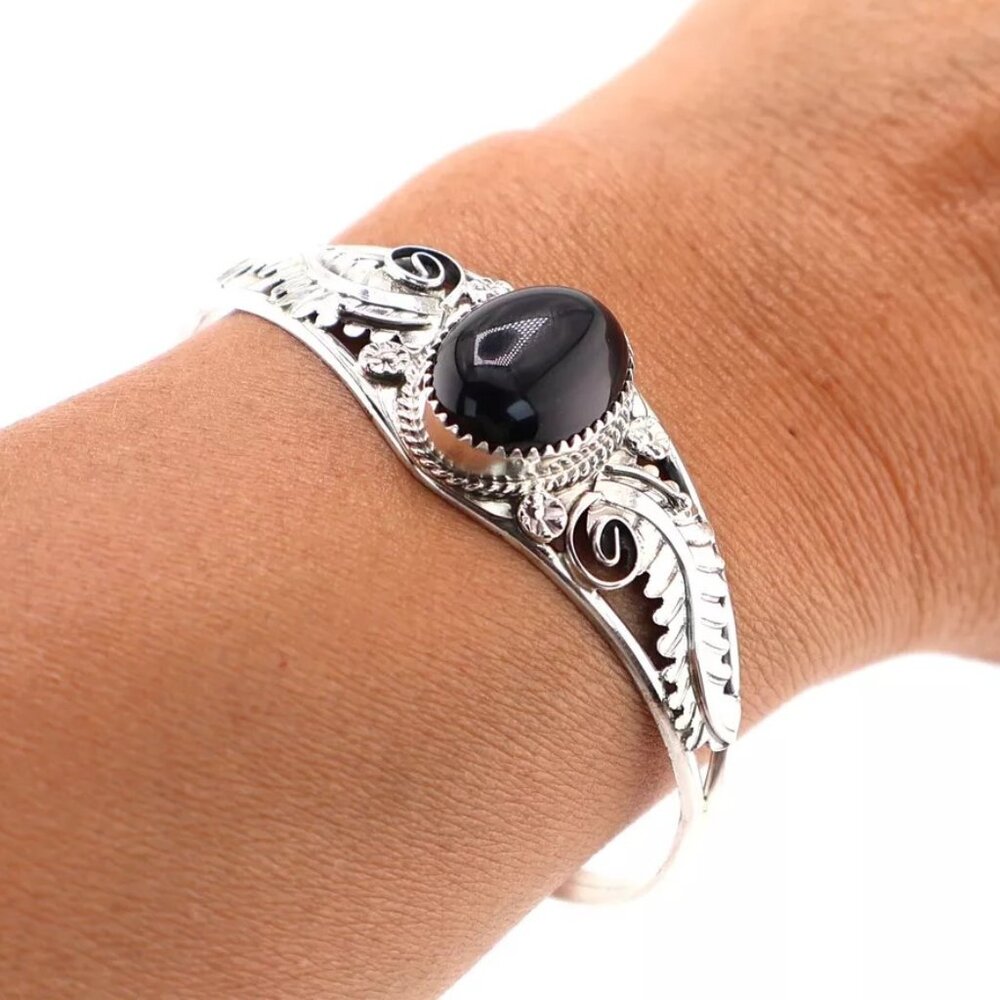 Navajo Cuff Bracelet Black Jet Jewelry‎ Sterling Silver NA Women's Sz 6.25in***